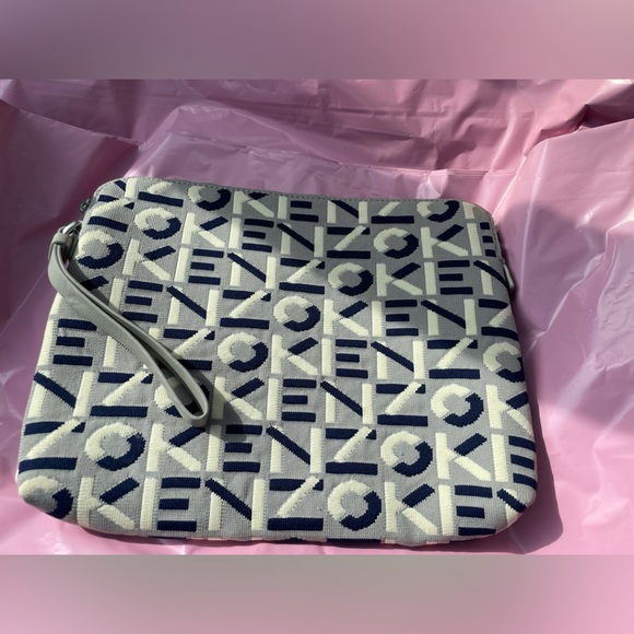 NEW Kenzo Tri Color Printed Logo Knit Fabric Zipped Wristlet Pouch - Picture 3 of 12